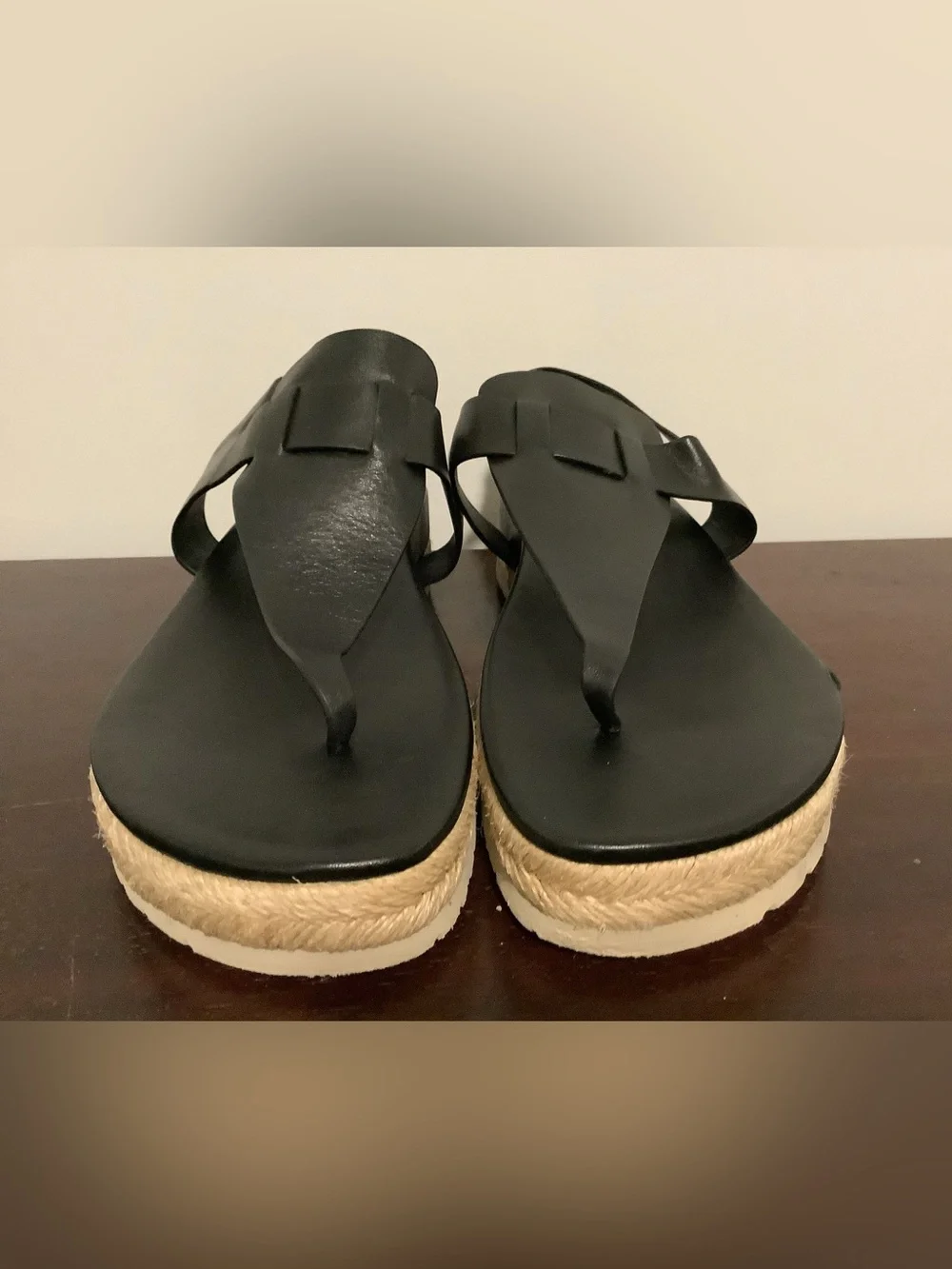 Vince Flint Black Leather T-Strap Espadrille Flatform Sandals